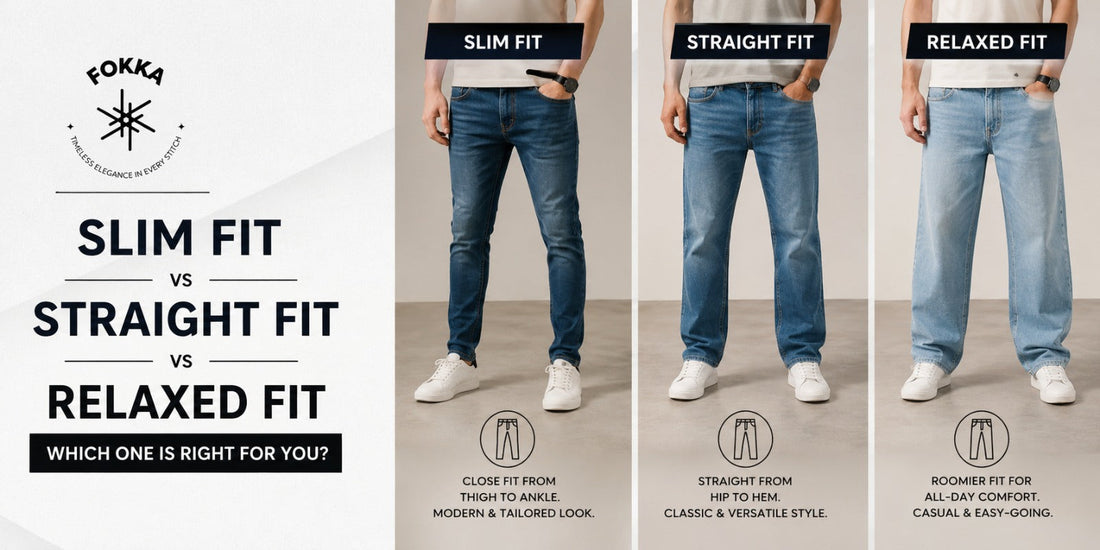 Men wearing slim, straight, and relaxed fit jeans